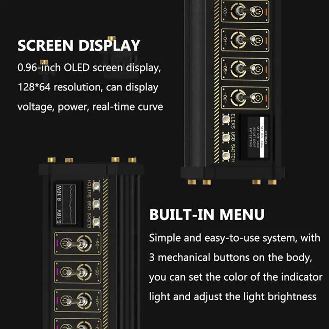 Alt view image 3 of 7 - 8 Port USB Docking Station, Cyberpunk USB Switch, 1.54-inch IPS Color Screen, 10 Levels Brightness Adjustment, Voice Control Function, 8 RGB Indicator Lights, for Phones, Tablets, and Gadgets