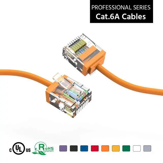 Alt view image 3 of 6 - Ultra Slim Cat6A Cable 7 FT (100 Pack) Networking, Super Slim CAT 6 Ethernet Patch Cord, 10Gigabit Super Thin RJ45 Connector Internet Cable for PC, Mac, Laptop, PS5, PS4, Xbox - Orange