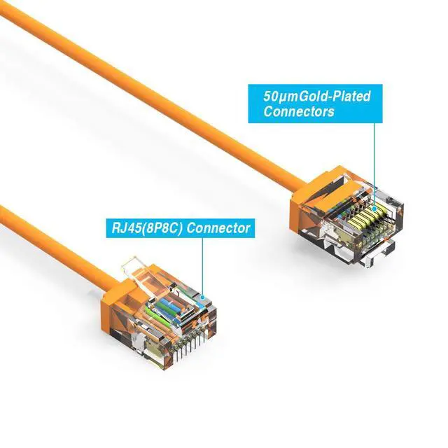 Alt view image 4 of 6 - Ultra Slim Cat6A Cable 7 FT (100 Pack) Networking, Super Slim CAT 6 Ethernet Patch Cord, 10Gigabit Super Thin RJ45 Connector Internet Cable for PC, Mac, Laptop, PS5, PS4, Xbox - Orange