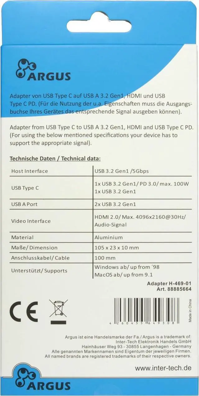 Alt view image 4 of 4 - Inter-Tech Adapter Argus H-469-01 5-in-1 USB-C, HDMI 4K, PD100W