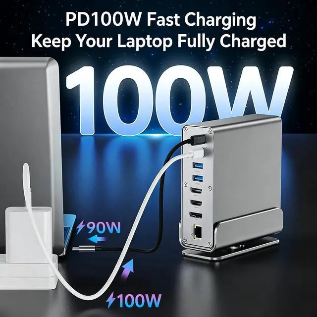Alt view image 4 of 7 - 15-in-1 USB-C Docking, 3-Screen 4K@60Hz Display, PD 100W Quick Charge, USB 3.2 10Gbps High Speed Transmission, Gigabit Ethernet, SD/TF 3.0 Card Reader