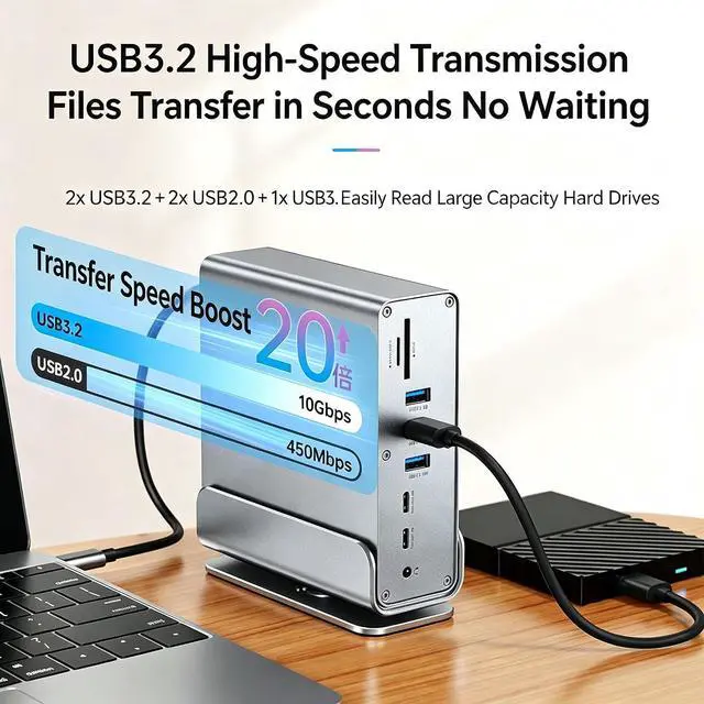 Alt view image 3 of 7 - 15-in-1 USB-C Docking, 3-Screen 4K@60Hz Display, PD 100W Quick Charge, USB 3.2 10Gbps High Speed Transmission, Gigabit Ethernet, SD/TF 3.0 Card Reader