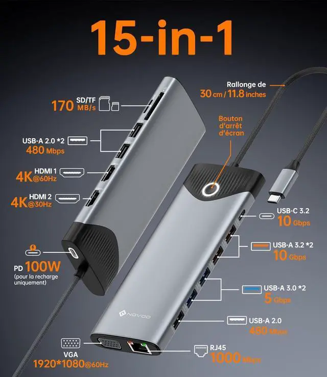 Alt view image 2 of 7 - NOVOO Triple Display 15 in 1 Docking Station USB-C On/Off Button HDMI 4K@60Hz USB-C/A 10Gbps VGA 100PD SD/TF Multiport Dock for MacBook Pro Air iPad Lenovo