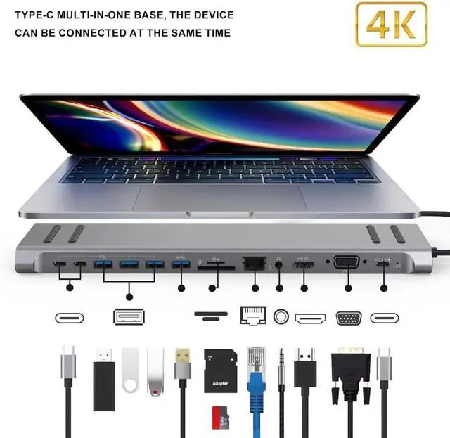 Alt view image 2 of 7 - USB C Laptop Docking Station 14 in 1 Multiports Adapter for Laptops HDMIs VGA Ethernet RJ45 3.5mm USB