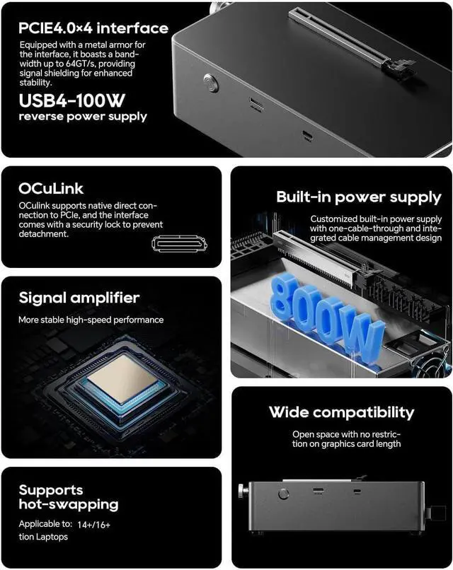 Alt view image 3 of 7 - EGPU Dock Station, High Performance 800W PSU PCIe 4.0 X4 External GPU Dock with OCuLink USB4.0 TGX Hot Swap for ThinkBook 14+ 16+ 2024 Laptops Aluminum Alloy