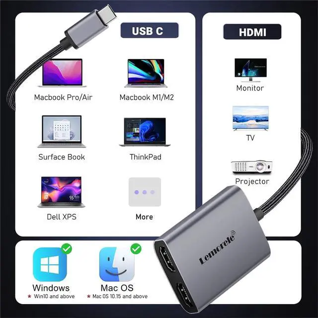 Alt view image 2 of 6 - HD20 4K USB C Hub & Win MST Docking Station Triple Display USB-C/A to 2X HDMI Aluminum Body Braided Cable