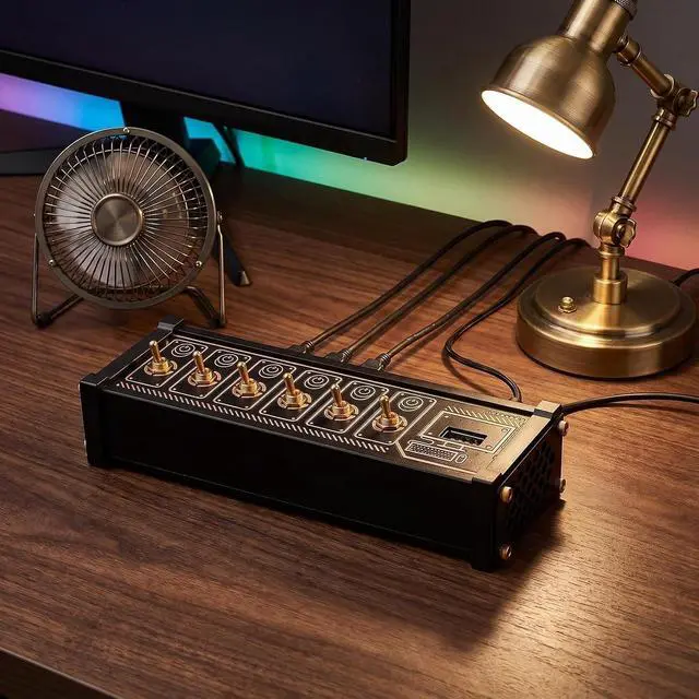 Alt view image 2 of 7 - 6 Ports USB Switcher, Retro USB C Hub Docking Station with Independent Control Buttons, Plug and Play for Data Transmission, Supports Low Power Devices, Phones, Tablets