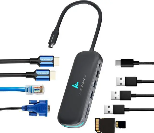 Main image of Type C 10 in 1 Wozoyo Docking Station with 2XUSB 5Gbps, Dual 4K HDMI, VGA, Gigabit Ethernet, USB 2.0, SD & TF, PD 100W, Compatible with Thunderbolt 4, macOS, Windows, Android & iOS
