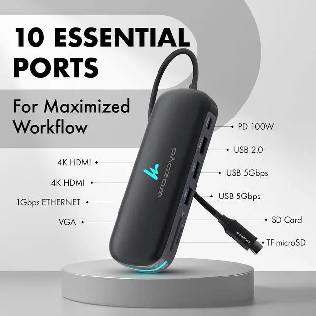 Alt view image 2 of 7 - Type C 10 in 1 Wozoyo Docking Station with 2XUSB 5Gbps, Dual 4K HDMI, VGA, Gigabit Ethernet, USB 2.0, SD & TF, PD 100W, Compatible with Thunderbolt 4, macOS, Windows, Android & iOS