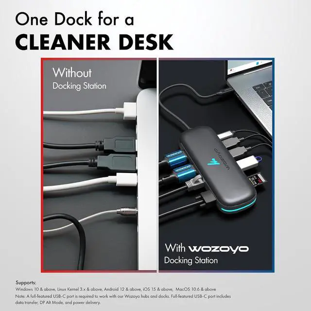 Alt view image 7 of 7 - Type C 10 in 1 Wozoyo Docking Station with 2XUSB 5Gbps, Dual 4K HDMI, VGA, Gigabit Ethernet, USB 2.0, SD & TF, PD 100W, Compatible with Thunderbolt 4, macOS, Windows, Android & iOS