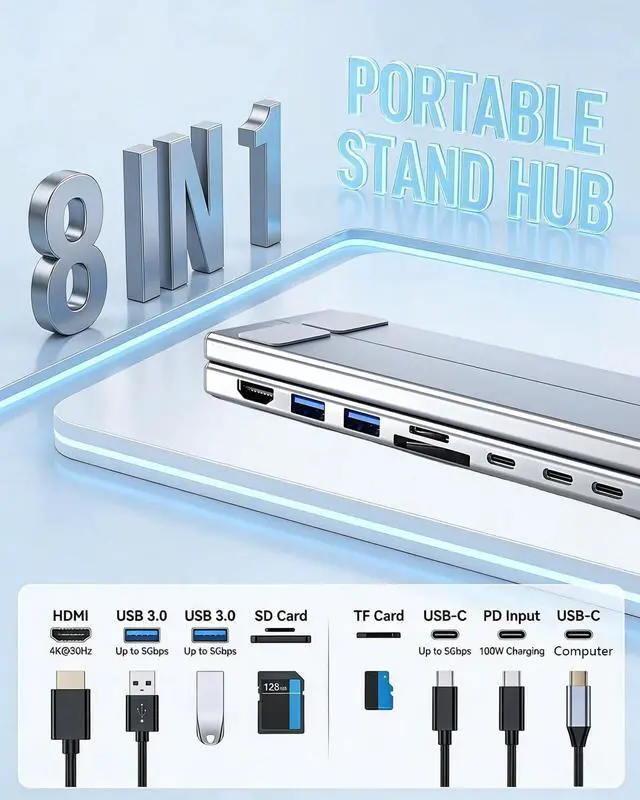 Alt view image 2 of 7 - USB C Laptop Stand with Docking Station,8 in 1 Hub Laptop Stand Foldable Computer Riser with 4K HDMIPD 100W Dual Data Ports Multiport Adapter for Notebook Tablet,Portable Height Adjustable Holder
