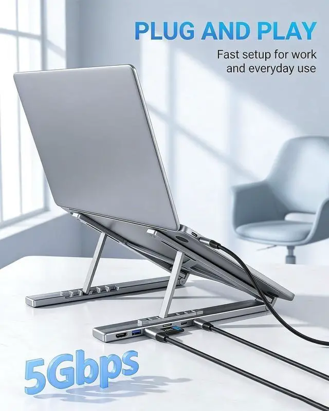 Alt view image 3 of 7 - USB C Laptop Stand with Docking Station,8 in 1 Hub Laptop Stand Foldable Computer Riser with 4K HDMIPD 100W Dual Data Ports Multiport Adapter for Notebook Tablet,Portable Height Adjustable Holder