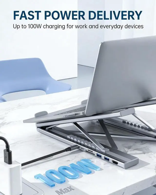 Alt view image 5 of 7 - USB C Laptop Stand with Docking Station,8 in 1 Hub Laptop Stand Foldable Computer Riser with 4K HDMIPD 100W Dual Data Ports Multiport Adapter for Notebook Tablet,Portable Height Adjustable Holder