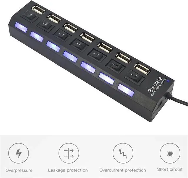 Alt view image 5 of 7 - 4/7 Ports USB 2.0 Hub Power Adapter Splitter Switch Docking Station LDE Light for PC Computer Laptop Notebook(7 Ports)