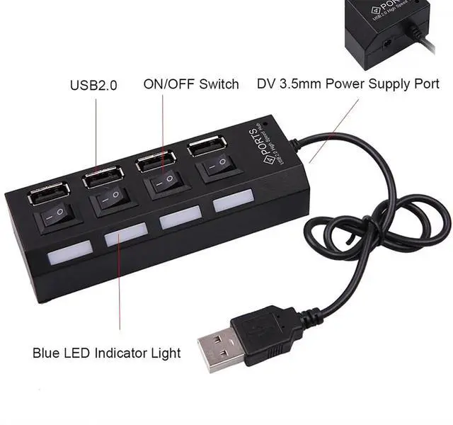 Alt view image 7 of 7 - 4/7 Ports USB 2.0 Hub Power Adapter Splitter Switch Docking Station LDE Light for PC Computer Laptop Notebook(7 Ports)