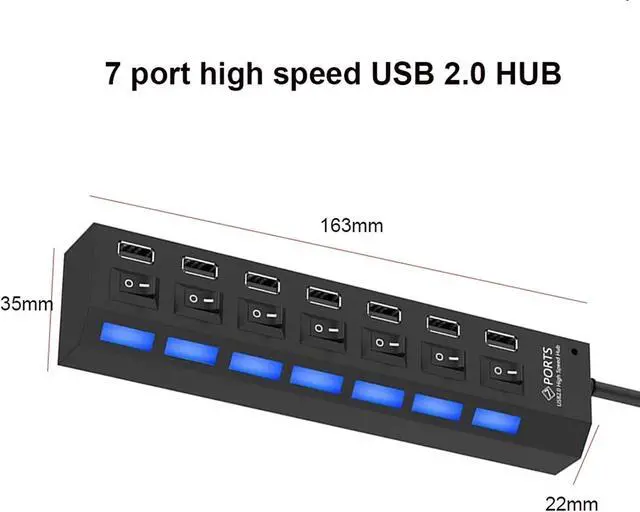Alt view image 3 of 7 - 4/7 Ports USB 2.0 Hub Power Adapter Splitter Switch Docking Station LDE Light for PC Computer Laptop Notebook(7 Ports)