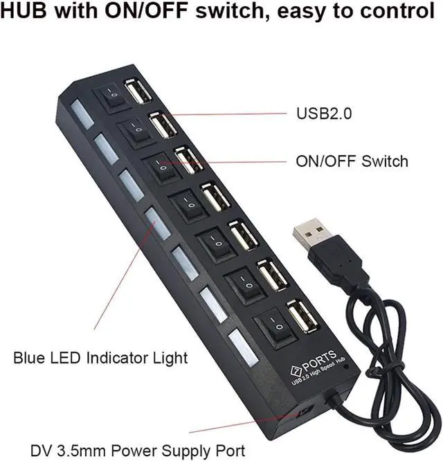 Alt view image 4 of 7 - 4/7 Ports USB 2.0 Hub Power Adapter Splitter Switch Docking Station LDE Light for PC Computer Laptop Notebook(7 Ports)
