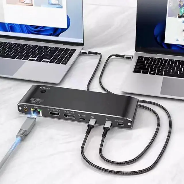 Alt view image 3 of 7 - Type C KVM Switcher, 2 Laptops KVM Docking Station Share 1 Screen Docking Station 100W RJ45 Port Extended Display for Home Office & Gaming