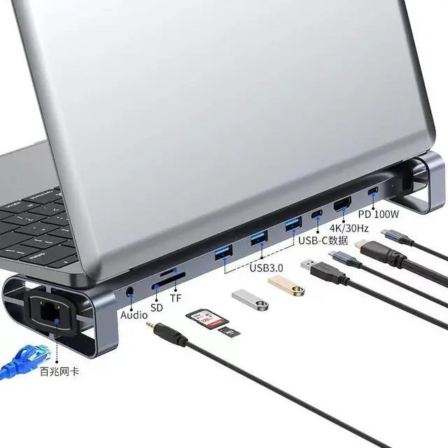 Alt view image 2 of 6 - 10 in 1 USB C HUB Docking Station Multi Port Type C USB 3.0 SD/Micro Card Reader RJ45 Laptop USB Hubs Adapter Laptop Stand for MacBook Laptop Accessories