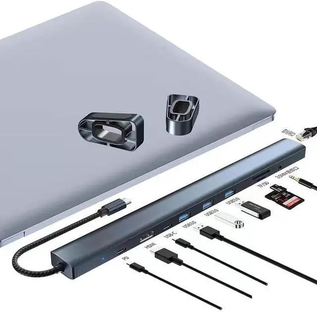 Alt view image 3 of 6 - 10 in 1 USB C HUB Docking Station Multi Port Type C USB 3.0 SD/Micro Card Reader RJ45 Laptop USB Hubs Adapter Laptop Stand for MacBook Laptop Accessories