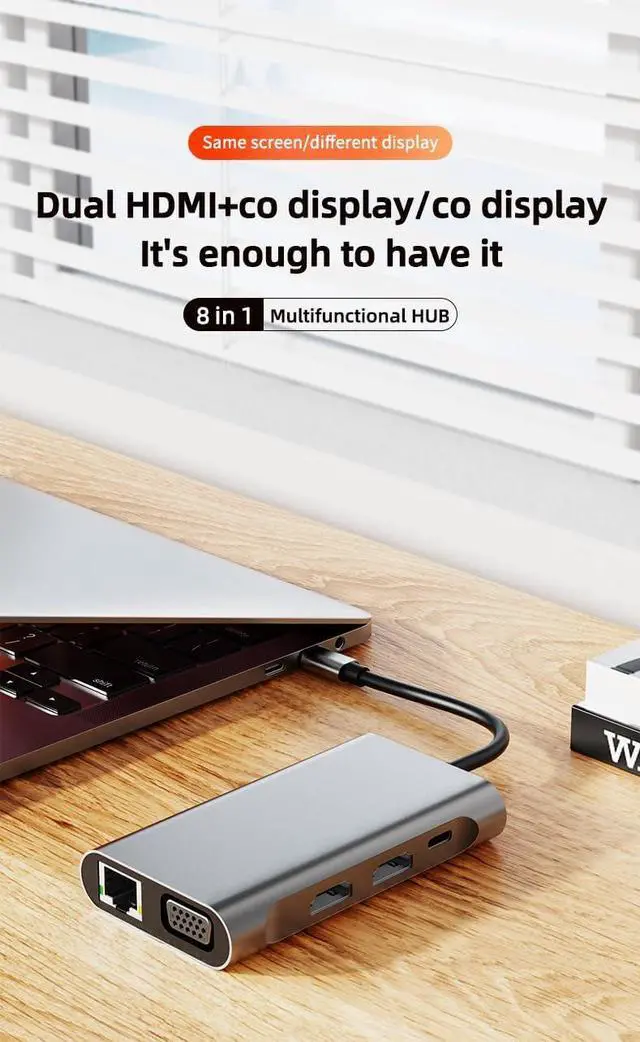 Alt view image 2 of 7 - Portable 8 in 1 Multifunction Adapter Aluminum USB C Hubs Docking Station with Dual 4k 2HDMI VGA PD RJ45 USB3.0 for Laptop Computer