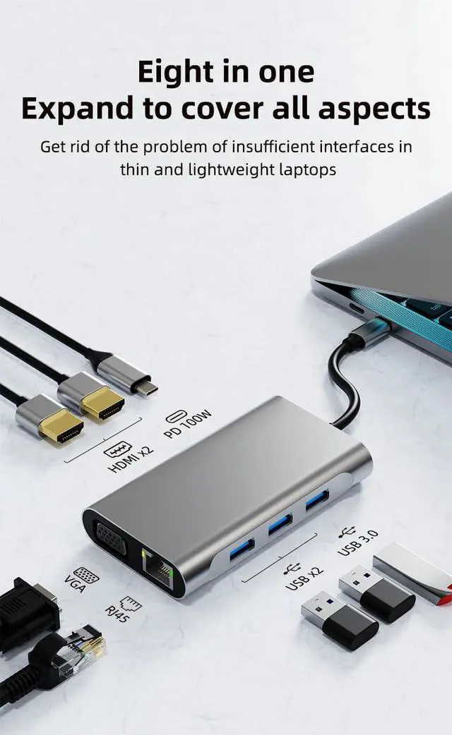 Alt view image 3 of 7 - Portable 8 in 1 Multifunction Adapter Aluminum USB C Hubs Docking Station with Dual 4k 2HDMI VGA PD RJ45 USB3.0 for Laptop Computer