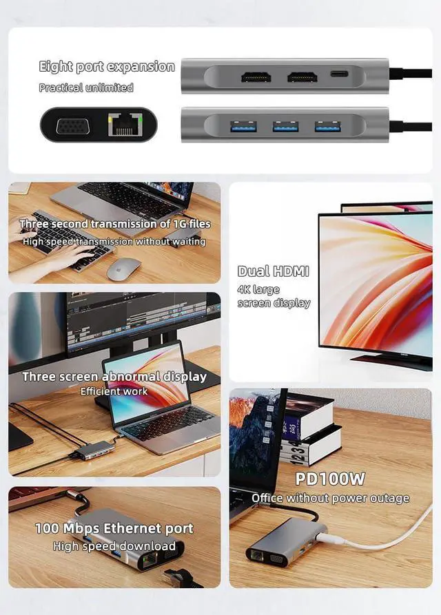 Alt view image 6 of 7 - Portable 8 in 1 Multifunction Adapter Aluminum USB C Hubs Docking Station with Dual 4k 2HDMI VGA PD RJ45 USB3.0 for Laptop Computer