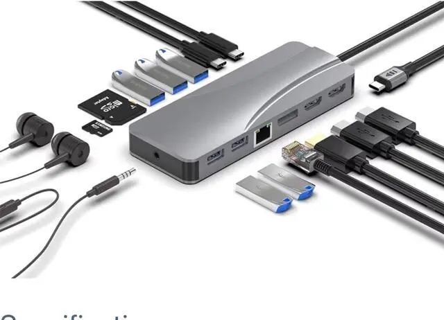 Main image of 14-in-1 USB-C Docking Station, Universal USB 3.0 Hub with HDMI, Ethernet, Multiple USB Ports, Compatible with Laptop and MacBook, Silver