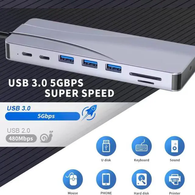 Alt view image 2 of 6 - 14-in-1 USB-C Docking Station, Universal USB 3.0 Hub with HDMI, Ethernet, Multiple USB Ports, Compatible with Laptop and MacBook, Silver