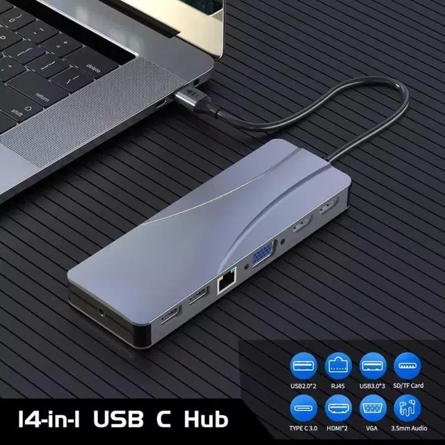 Alt view image 3 of 6 - 14-in-1 USB-C Docking Station, Universal USB 3.0 Hub with HDMI, Ethernet, Multiple USB Ports, Compatible with Laptop and MacBook, Silver