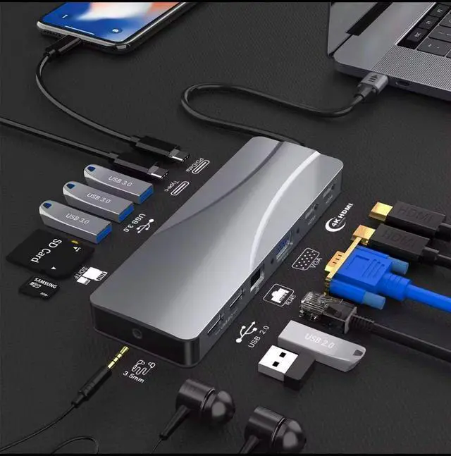 Alt view image 4 of 6 - 14-in-1 USB-C Docking Station, Universal USB 3.0 Hub with HDMI, Ethernet, Multiple USB Ports, Compatible with Laptop and MacBook, Silver