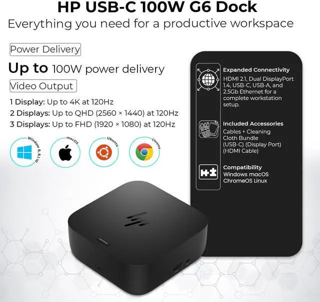 Alt view image 2 of 5 - USB-C 100W G6 Dock with 100W Power Delivery, USB-C, HDMI & DisplayPort connectivity, Included Cables, Premium Cloth Finish, and Compact Design for a Clutter-Free workspace.