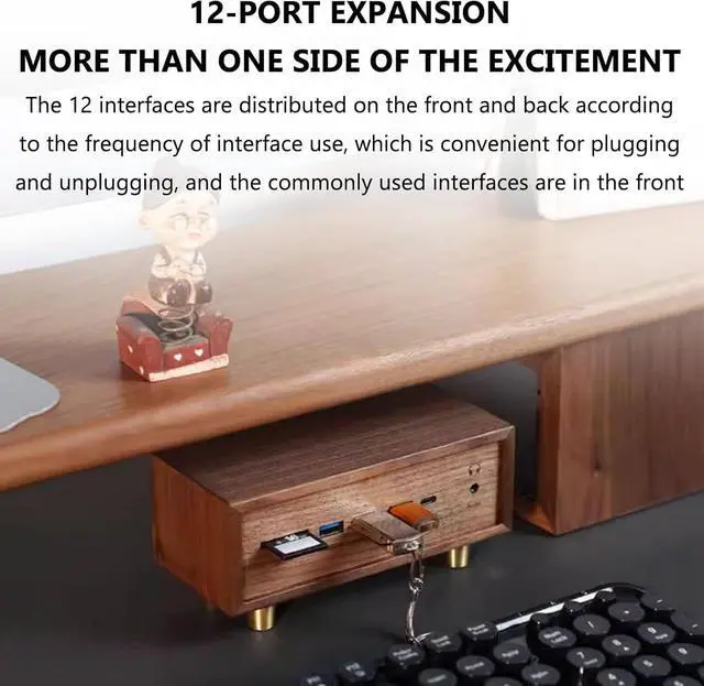 Alt view image 2 of 7 - 12-in-1 USB Docking Station, Solid Wood USB3.0 * 4 Switch, with Dual SD/TF Card Reader Slots and 3.5mm Audio Jack, Retro Creative Table Setting, for Phones, Tablets, Laptop