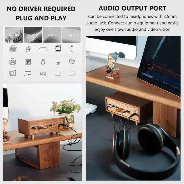 Alt view image 3 of 7 - 12-in-1 USB Docking Station, Solid Wood USB3.0 * 4 Switch, with Dual SD/TF Card Reader Slots and 3.5mm Audio Jack, Retro Creative Table Setting, for Phones, Tablets, Laptop