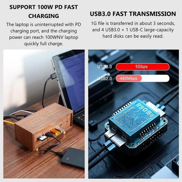 Alt view image 6 of 7 - 12-in-1 USB Docking Station, Solid Wood USB3.0 * 4 Switch, with Dual SD/TF Card Reader Slots and 3.5mm Audio Jack, Retro Creative Table Setting, for Phones, Tablets, Laptop