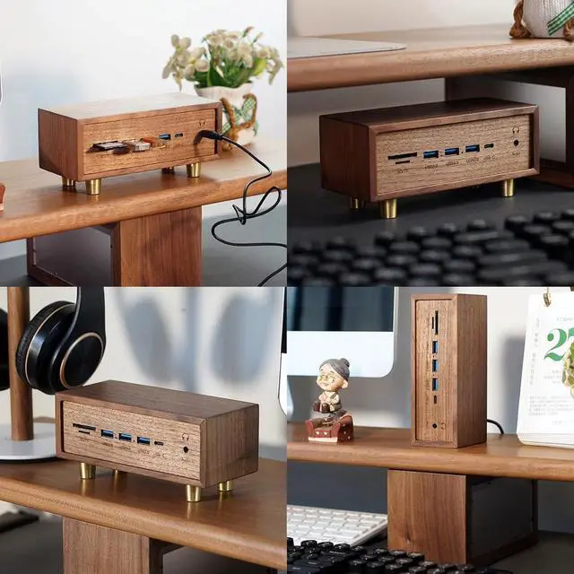 Alt view image 7 of 7 - 12-in-1 USB Docking Station, Solid Wood USB3.0 * 4 Switch, with Dual SD/TF Card Reader Slots and 3.5mm Audio Jack, Retro Creative Table Setting, for Phones, Tablets, Laptop