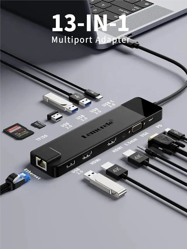 Alt view image 3 of 6 - 4K USB Hub USB C to Dual HDMI VGA Gigabit Docking Station USB 3.0 VGA Adapter SD Card Readers for Windows(13-in-1 USB3.0)
