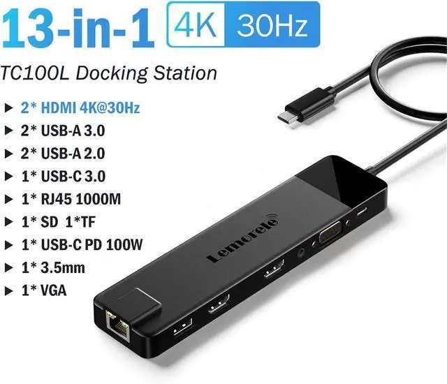 Alt view image 2 of 6 - 4K USB Hub USB C to Dual HDMI VGA Gigabit Docking Station USB 3.0 VGA Adapter SD Card Readers for Windows(13-in-1 USB3.0)