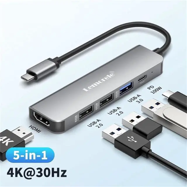 Alt view image 2 of 6 - USB Hub USB C 3.0 Hub 5Ports Docking Station Type C Hub 4K30Hz HDMI-Compatible USB 3.0 Adapter