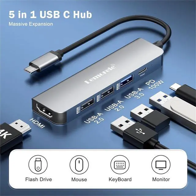 Alt view image 3 of 6 - USB Hub USB C 3.0 Hub 5Ports Docking Station Type C Hub 4K30Hz HDMI-Compatible USB 3.0 Adapter