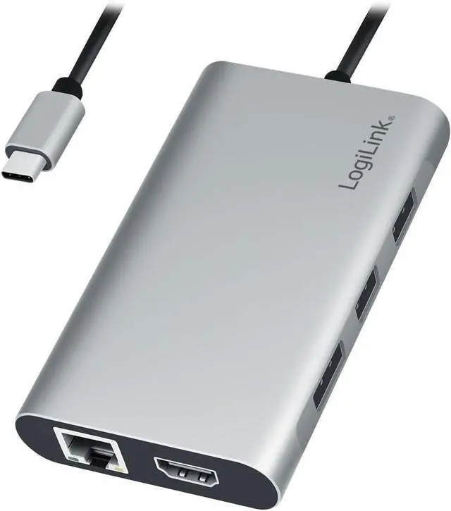 Main image of LogiLink UA0382 - USB 3.2 (Gen 1) Docking Station with 8 Ports and PD (Power Delivery) 100 W, 1 x USB-C (PD) / 2 x USB 3.0/2 x USB 2.0/1 x HDMI / 1 x DisplayPort / 1 x RJ45 / Silver