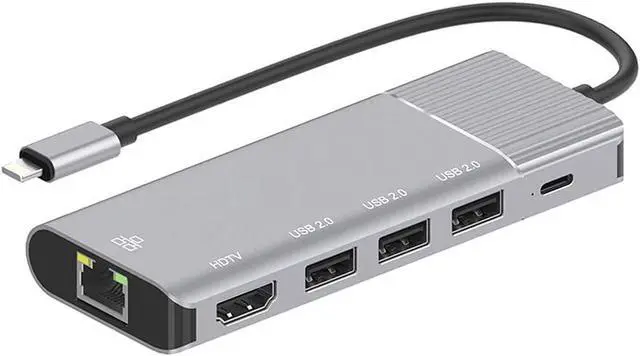 Alt view image 2 of 6 - Daguys 79591 6 in 1 8 Pin to RJ45 + HDMI + 8 Pin Charging + 3 USB 2.0 Ports Multifunctional HUB Converter Docking Station