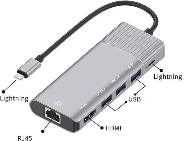 Alt view image 3 of 6 - Daguys 79591 6 in 1 8 Pin to RJ45 + HDMI + 8 Pin Charging + 3 USB 2.0 Ports Multifunctional HUB Converter Docking Station