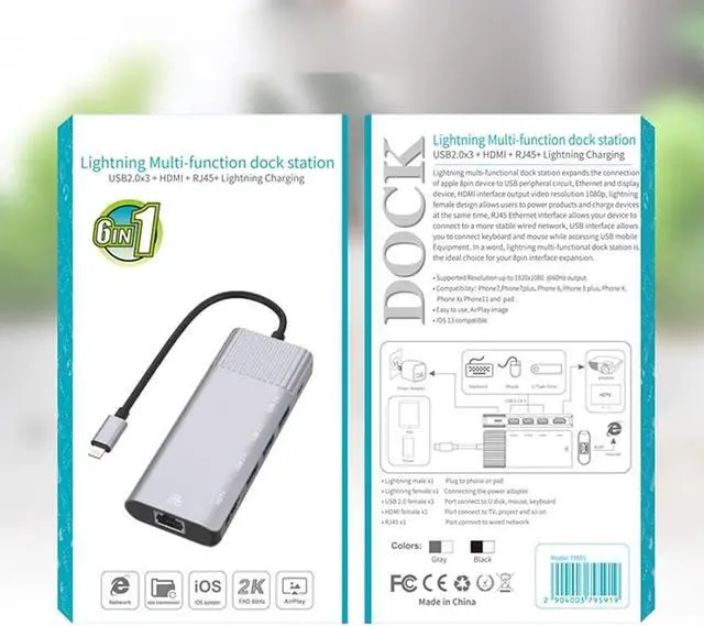 Alt view image 5 of 6 - Daguys 79591 6 in 1 8 Pin to RJ45 + HDMI + 8 Pin Charging + 3 USB 2.0 Ports Multifunctional HUB Converter Docking Station