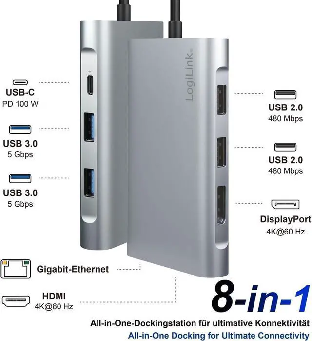 Alt view image 3 of 7 - LogiLink UA0382 - USB 3.2 (Gen 1) Docking Station with 8 Ports and PD (Power Delivery) 100 W, 1 x USB-C (PD) / 2 x USB 3.0/2 x USB 2.0/1 x HDMI / 1 x DisplayPort / 1 x RJ45 / Silver