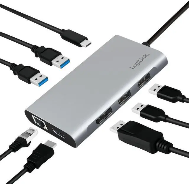 Alt view image 4 of 7 - LogiLink UA0382 - USB 3.2 (Gen 1) Docking Station with 8 Ports and PD (Power Delivery) 100 W, 1 x USB-C (PD) / 2 x USB 3.0/2 x USB 2.0/1 x HDMI / 1 x DisplayPort / 1 x RJ45 / Silver
