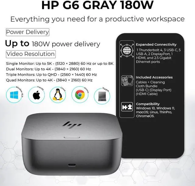 Alt view image 2 of 5 - Thunderbolt 4 Ultra 180W G6 Dock (9X481UT#ABA) Bundle with DisplayPort & HDMI Cables, USB C to C Cable, and Anyhdd Microfiber Cleaning Cloth