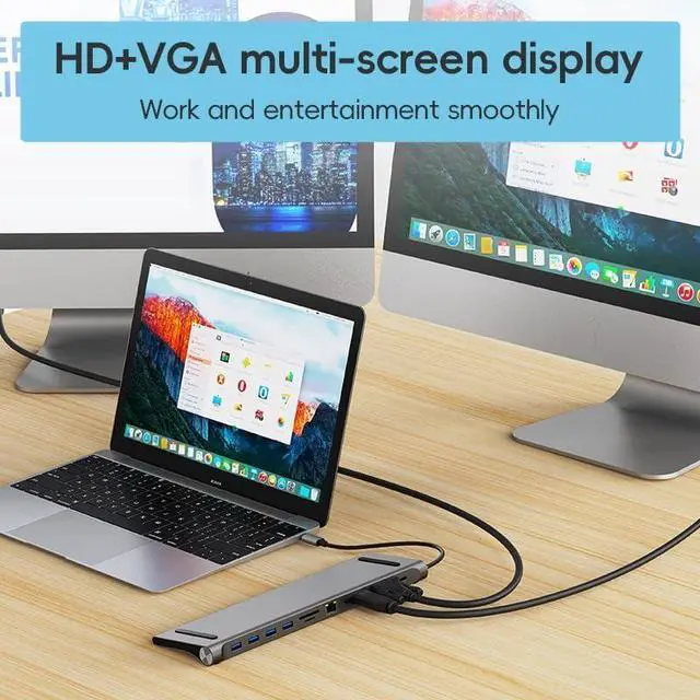 Alt view image 5 of 7 - Daguys AD-059 11 in 1 USB-C/Type-C to 4K HDMI + VGA + SD/TF Card Slot + Gigabit Ethernet + 3.5mm AUX + USB-C/Type-C + 4 USB 3.0 Multifunctional Docking Station HUB