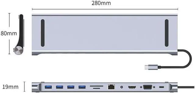 Alt view image 7 of 7 - Daguys AD-059 11 in 1 USB-C/Type-C to 4K HDMI + VGA + SD/TF Card Slot + Gigabit Ethernet + 3.5mm AUX + USB-C/Type-C + 4 USB 3.0 Multifunctional Docking Station HUB
