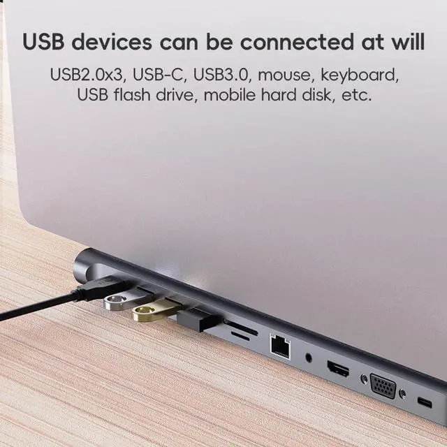 Alt view image 4 of 7 - Daguys AD-059 11 in 1 USB-C/Type-C to 4K HDMI + VGA + SD/TF Card Slot + Gigabit Ethernet + 3.5mm AUX + USB-C/Type-C + 4 USB 3.0 Multifunctional Docking Station HUB